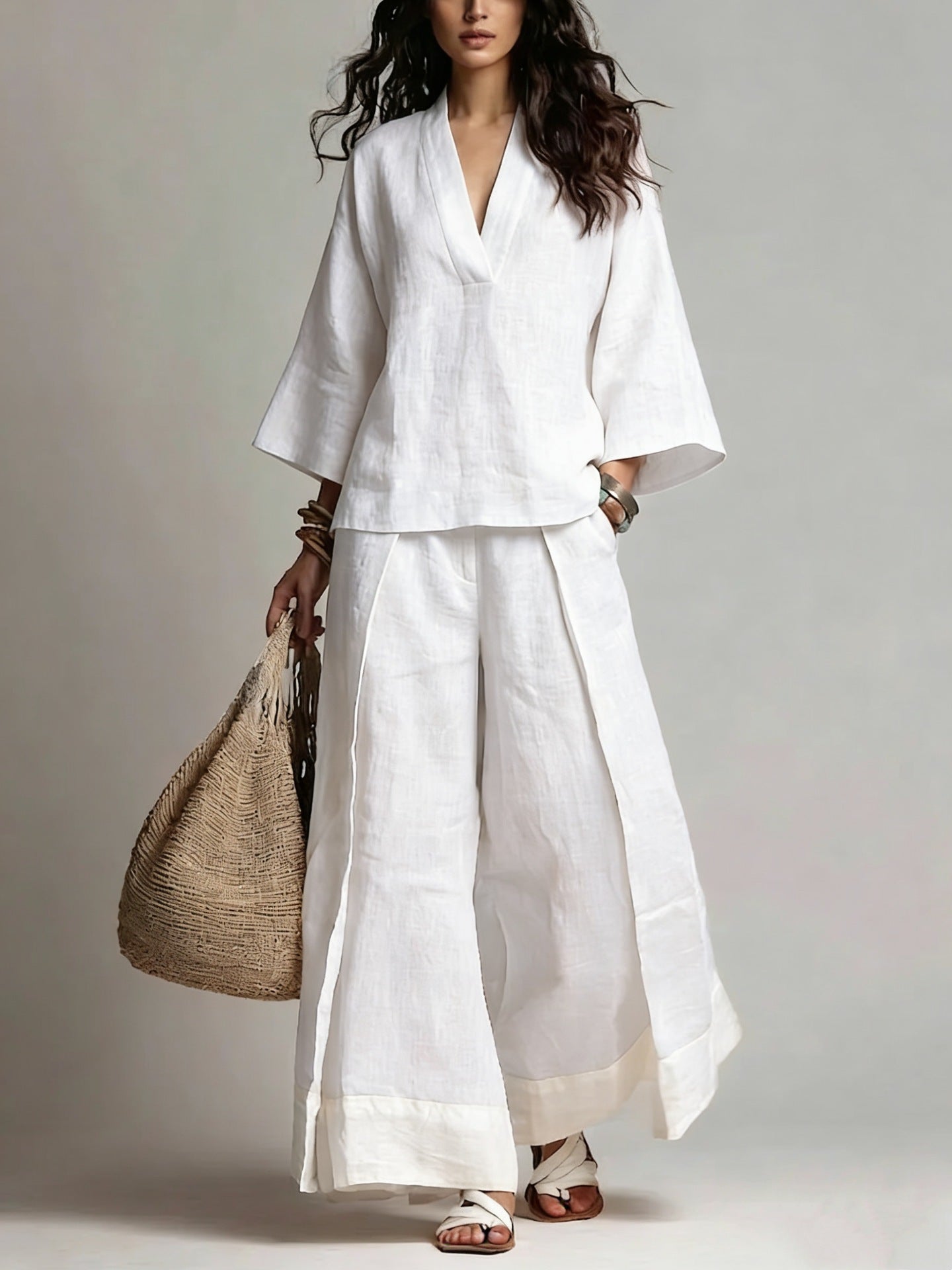 French V-Neck Design Cotton Linen Shirt and Wide-Leg Pants Set