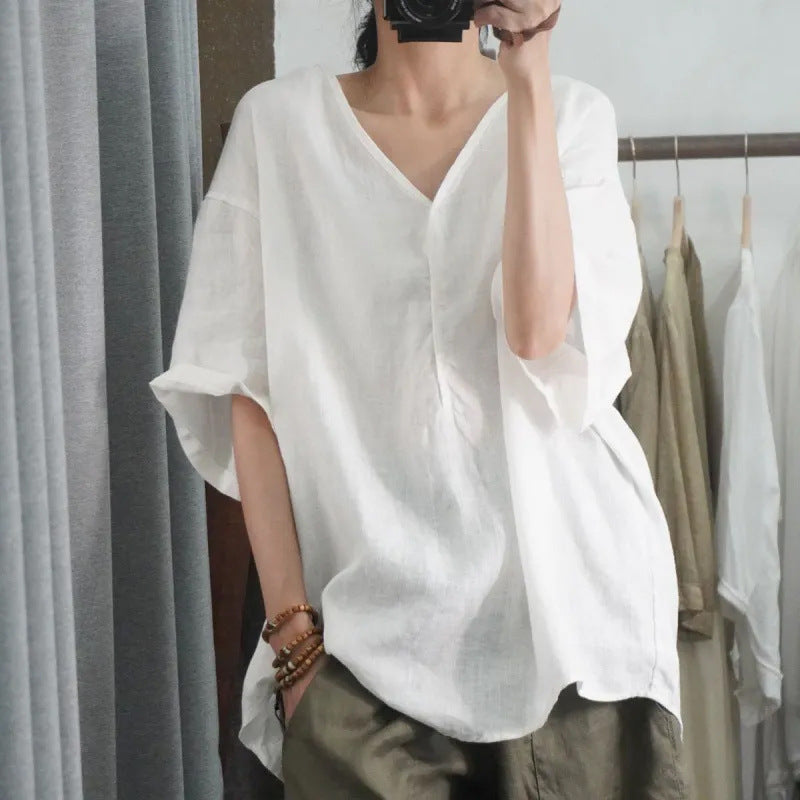 Women's Modern V-Neck Cotton Linen T-Shirt