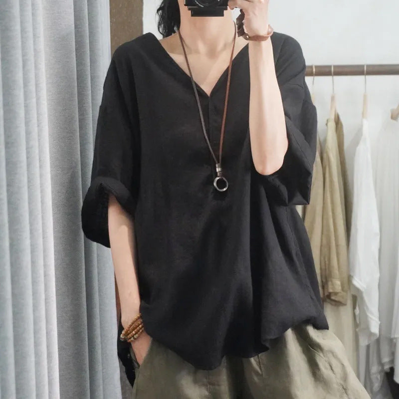 Women's Modern V-Neck Cotton Linen T-Shirt