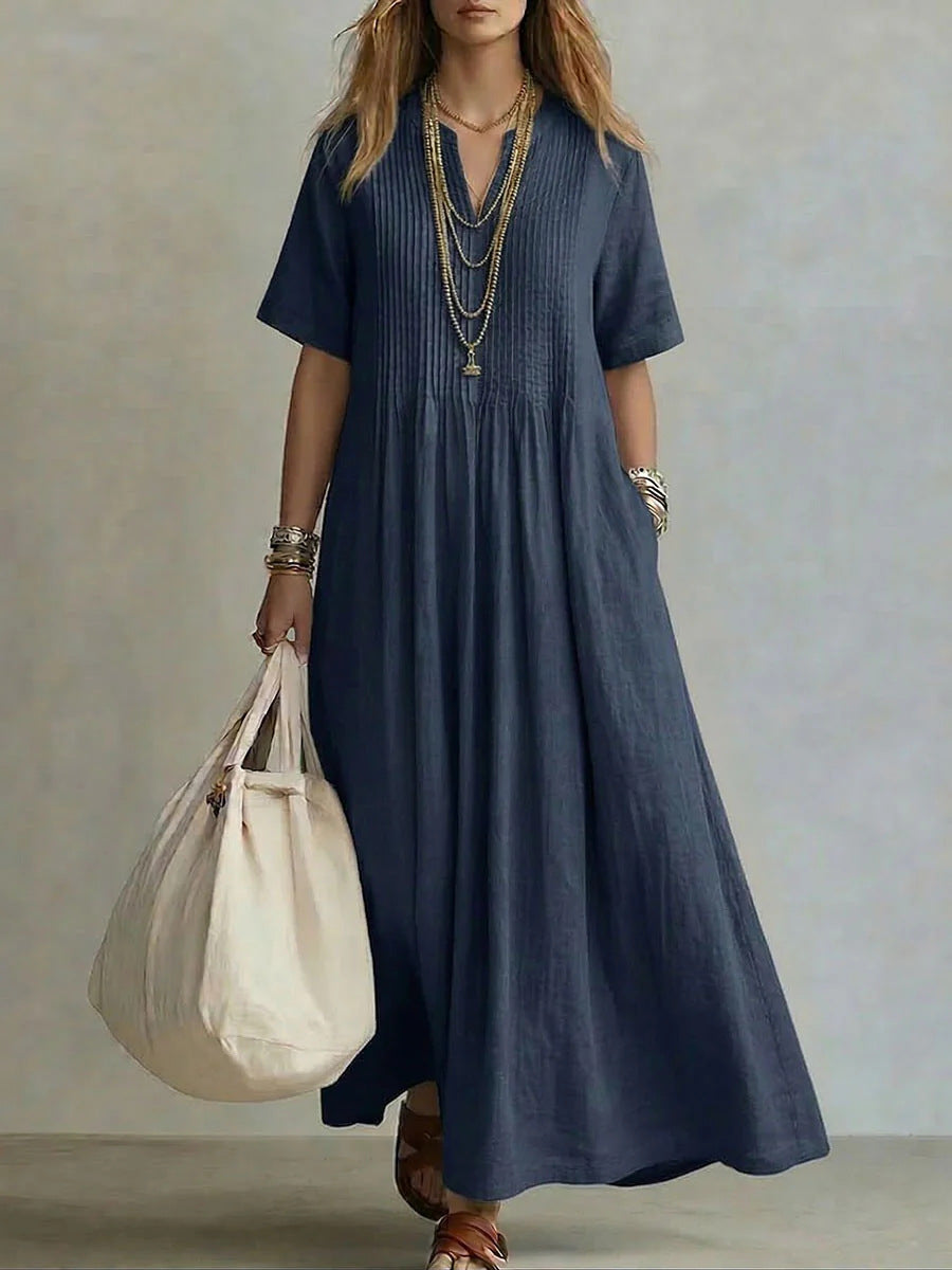 Women's Relaxed V-Neck Cotton Linen Dress