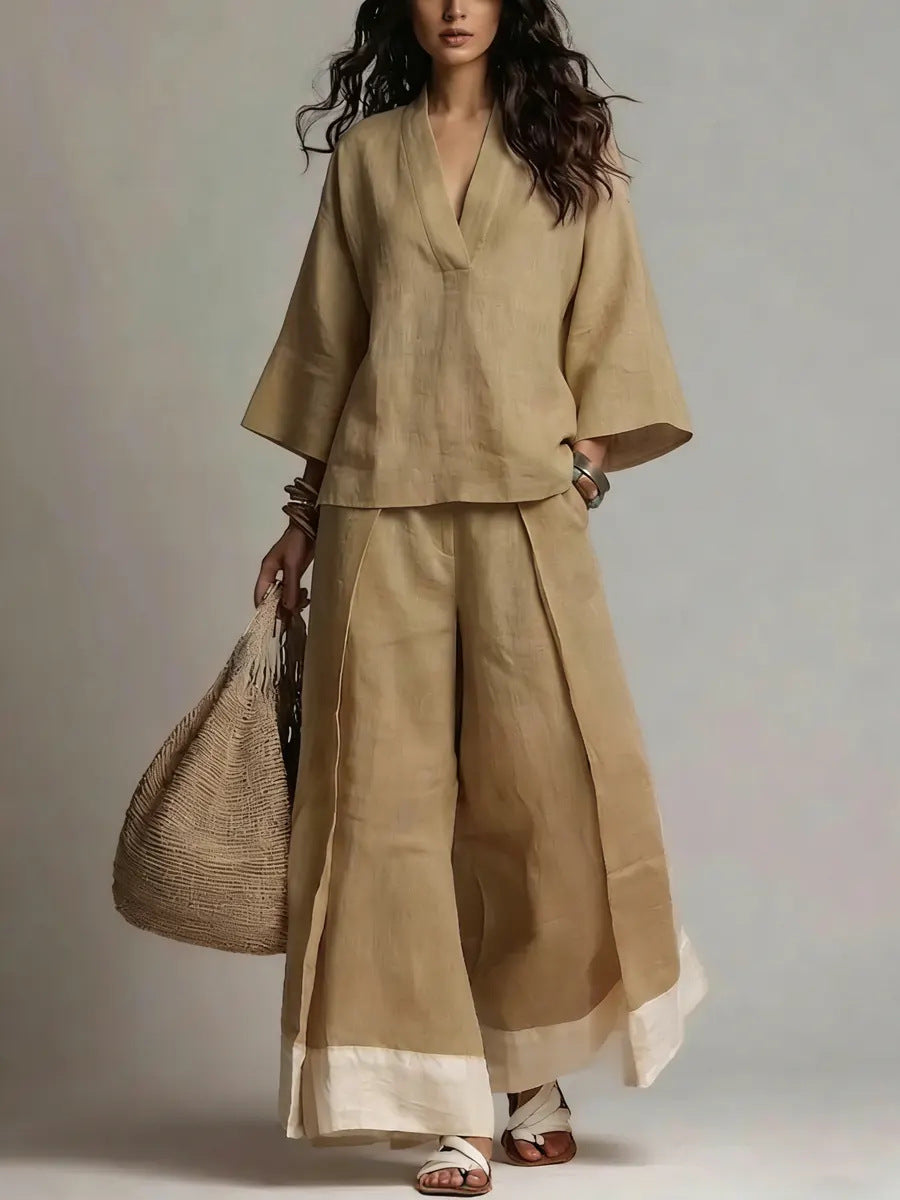 French V-Neck Design Cotton Linen Shirt and Wide-Leg Pants Set